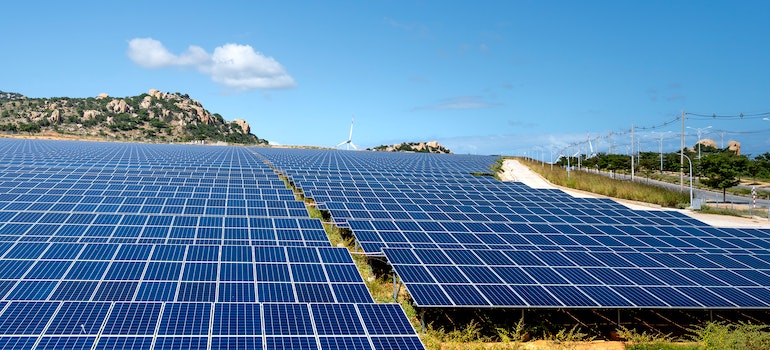 Field of solar panels in the open